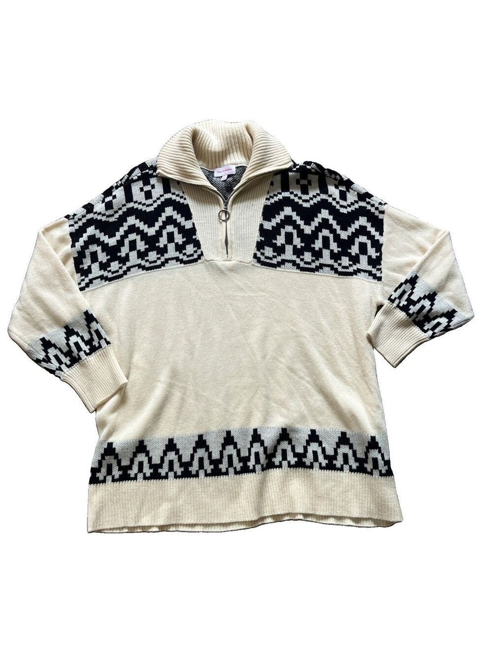 Molly & Isadora Fair Isle Half-Zip Sweater in cream and black 2x Dia & Co